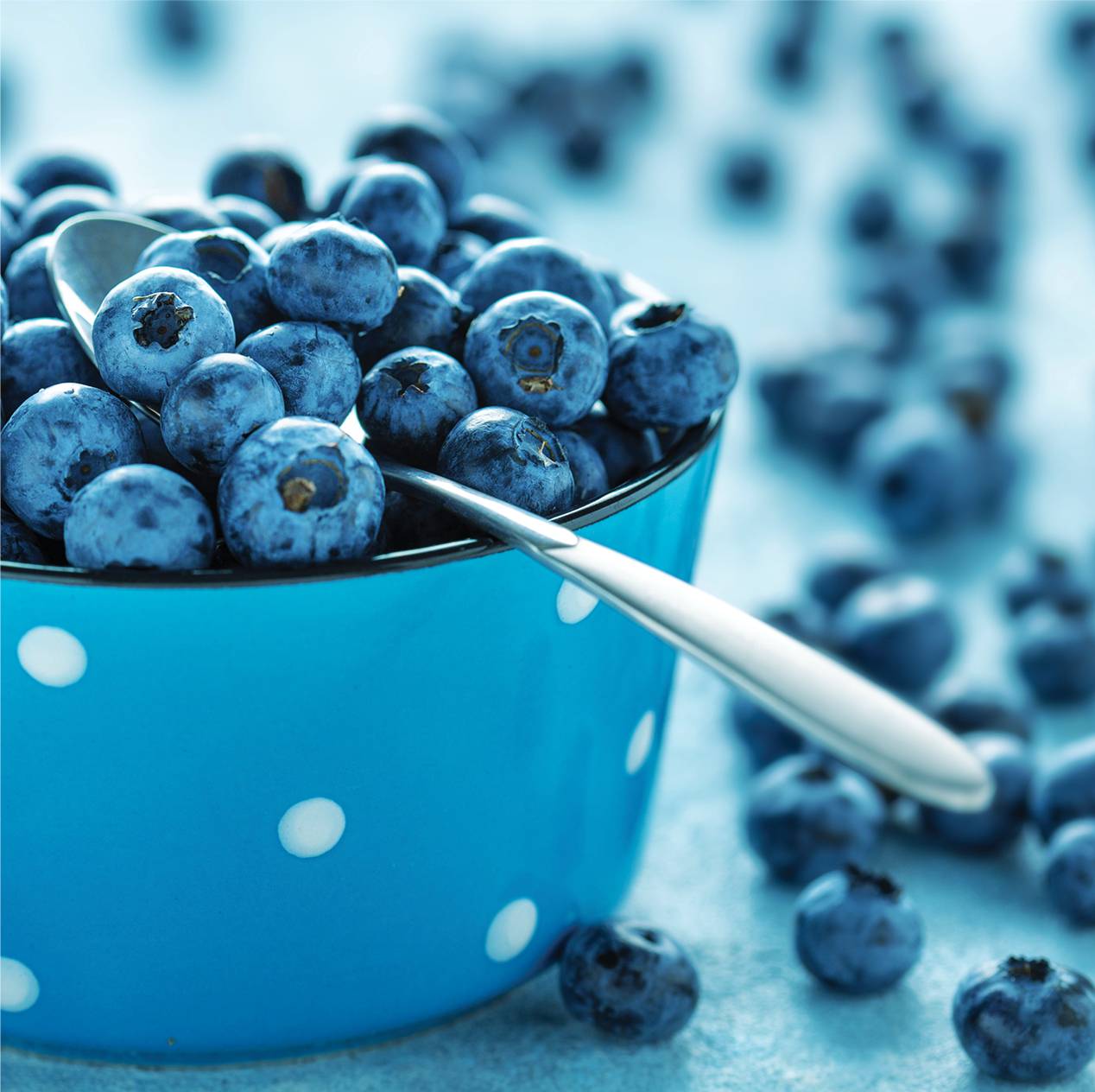 Blueberries in a blue bowl with spoon